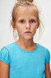 Okyanus Mavi Basic Kız Çocuk Sıfır Yaka Karpuz Kol Tişört