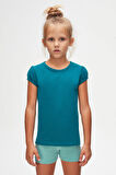 Koyu Petrol Basic Kız Çocuk Sıfır Yaka Karpuz Kol Tişört