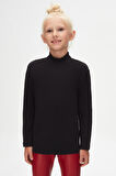 Siyah Basic Kışlık Yarım Balıkçı Yaka Uzun Kollu Kız Çocuk Tişört