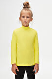 Fosforlu Sarı Basic Kışlık Yarım Balıkçı Yaka Uzun Kollu Kız Çocuk Tişört
