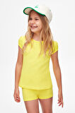Fosforlu Sarı Basic Kız Çocuk Sıfır Yaka Karpuz Kol Tişört