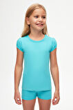 Açık Turkuaz Basic Kız Çocuk Sıfır Yaka Karpuz Kol Tişört