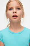 Açık Turkuaz Basic Kız Çocuk Sıfır Yaka Karpuz Kol Tişört