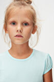 Uçuk Turkuaz Basic Kız Çocuk Sıfır Yaka Karpuz Kol Tişört