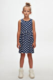 Açık Lacivert Polka-Dot Kız Çocuk Desenli Kolsuz Elbise