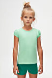 Pastel Yeşil Basic Kız Çocuk Sıfır Yaka Karpuz Kol Tişört