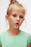 Pastel Yeşil Basic Kız Çocuk Sıfır Yaka Karpuz Kol Tişört