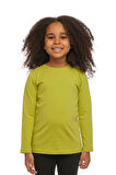 Yağ Yeşili Basic Unisex Çocuk Mevsimlik Sıfır Yaka Uzun Kollu Tişört