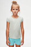 Açık Yeşil Melanj Basic Kız Çocuk Sıfır Yaka Karpuz Kol Tişört
