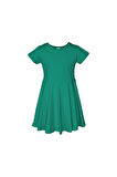 Koyu Yeşil Renkli Basic Kız Çocuk Kısa Kollu Elbise