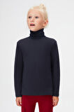 Koyu Lacivert Basic Kışlık Tam Balıkçı Yaka Uzun Kollu Kız Çocuk Tişört