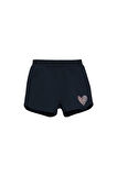 Koyu Lacivert İki İplik Kalp Basklı Kız Çocuk Şort