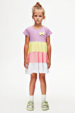 Lila + Beyaz Fiyonklu Kat Kat Renkli Kız Çocuk Kısa Kollu Elbise