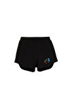 Siyah İki İplik Deniz Atı Baskılı Kız Çocuk Şort