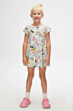 Cute Faces Kız Çocuk Desenli Kısa Kol Elbise