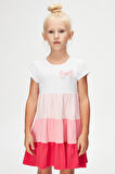 Beyaz+ Fuşya Fiyonklu Kat Kat Renkli Kız Çocuk Kısa Kollu Elbise
