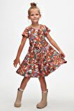Kahverengi Forest Animals Kız Çocuk Desenli Kısa Kollu Elbise