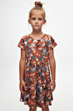 Kahverengi Forest Animals Kız Çocuk Desenli Kısa Kollu Elbise