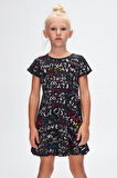Siyah Kız Çocuk Glasgow Desen Kısa Kol Kloşe Etek Elbise