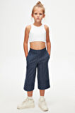 İndigo Çizgili Bol Paça Kız Çocuk Pantolon Kapri