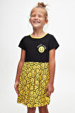 Siyah Gülen Yüz Kız Çocuk Desenli Lovetti Smile Baskılı Kısa Kol Elbise