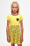 Sarı Gülen Yüz Kız Çocuk Desenli Lovetti Smile Baskılı Kısa Kol Elbise