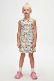 Ekru Glasgow Desen Kız Çocuk Kolsuz Elbise