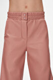 Pudra Pembe Kız Çocuk Çıtçıtlı Paça Büzgüllü Kışlık Deri Pantolon
