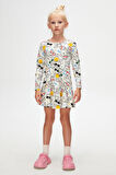 Kız Çocuk Cute Faces Desen Uzun Kol Elbise