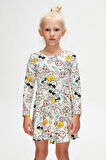 Kız Çocuk Cute Faces Desen Uzun Kol Elbise