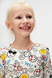 Kız Çocuk Cute Faces Desen Uzun Kol Elbise