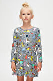 Kız Çocuk Rainbow Unicorn Desen Uzun Kol Elbise