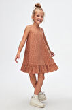 Kahverengi Damla Desen Kız Çocuk Fırfırlı Çan Etekli Elbise