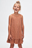Kahverengi Damla Desen Kız Çocuk Fırfırlı Çan Etekli Elbise