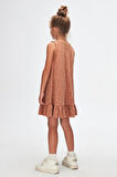 Kahverengi Damla Desen Kız Çocuk Fırfırlı Çan Etekli Elbise