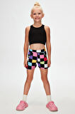 Op Art Checkers Kız Çocuk Cepli Desenli Şort