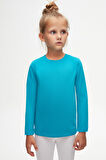 Koyu Turkuaz Basic Unisex Çocuk Mevsimlik Sıfır Yaka Uzun Kollu Tişört