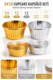 Cupcake Kapsülü 24'lü 12 Gold 12 Gümüş Varaklı Asetat Kutulu Kek Muffin Pişirme ve Sunum Kapsülü