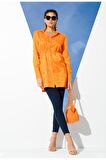Saten Jakarlı Vatkalı Turuncu Gömlek