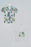 2!li Sarı Mavi Baskılı Gömlek Tshirt Takım