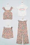 4'lü Desenli Bluz Tshirt Pantolon Şort Ekru Takım
