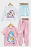 4'lü Winx Baskılı Tshirt Şort Pantolon Beyaz Takım 