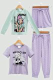 4'lü Winx Baskılı Tshirt Şort Pantolon Lila Takım 