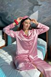 5'li Bustiyerli Biyeli Pembe Saten Pijama Takımı