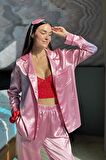 5'li Bustiyerli Biyeli Pembe Saten Pijama Takımı