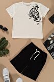 Kaplan Baskılı Siyah Tshirt Şort Takım