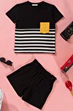 Çizgili Garnili Cepli Siyah Tshirt Şort Takım
