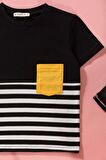 Çizgili Garnili Cepli Siyah Tshirt Şort Takım