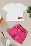 Love Nakışlı Fuşya Beyaz Jakarlı Şort Alt Üst Takım