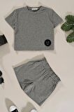 Emoji Detaylı Gri Alt Üst Şort Takım
